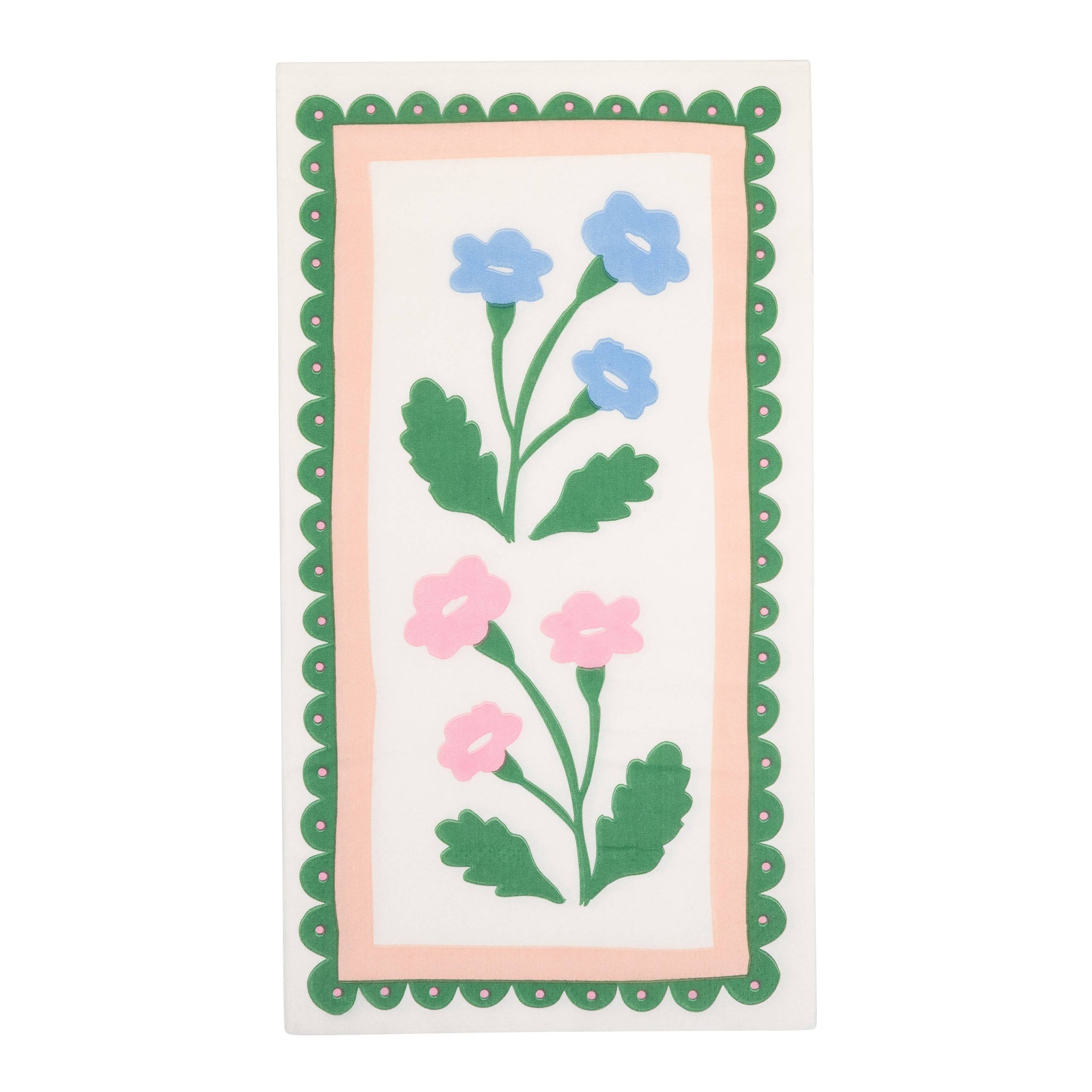 Napkin with floral design with pink and blue flowers on a white background