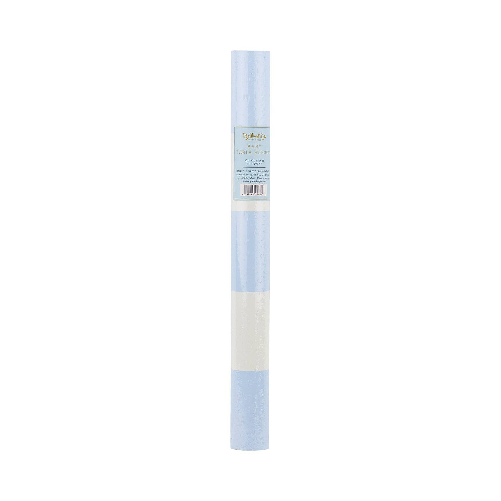 Roll of blue and white paper table runner on a white background