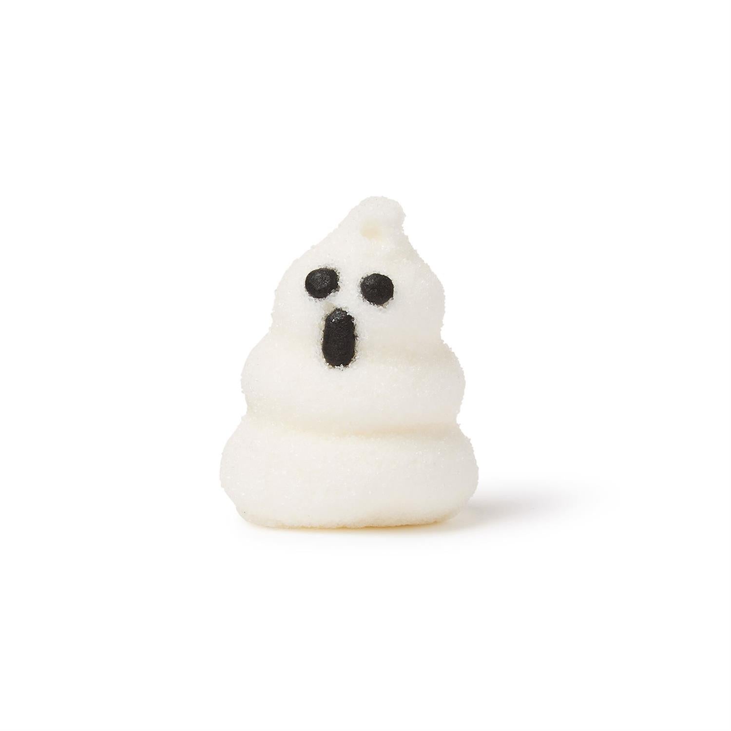 White marshmallow ghost with black eyes and mouth on a white background