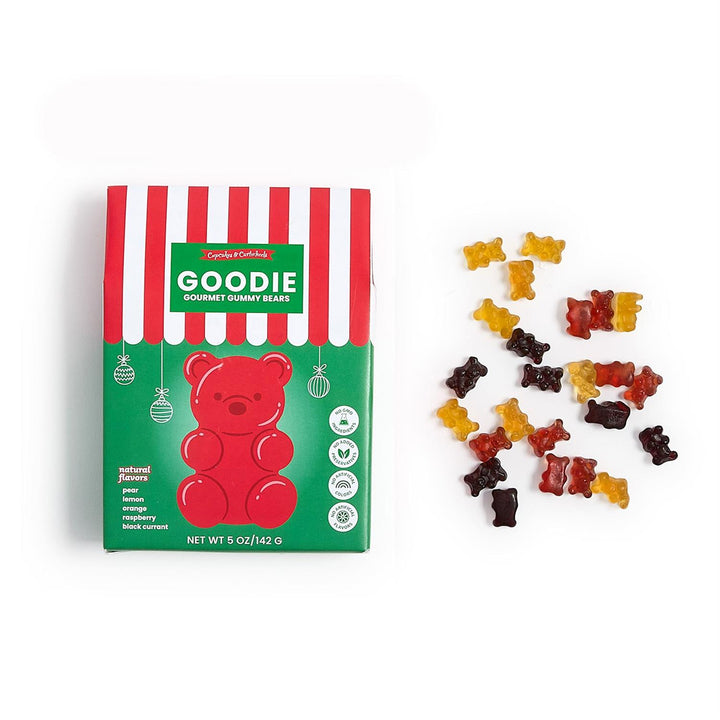 Box of Goodie Gourmet Gummy Bears with gummy bears spilling out on a white background