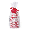 Clear bag of red and white candy canes marshmallows with a red label on a white background
