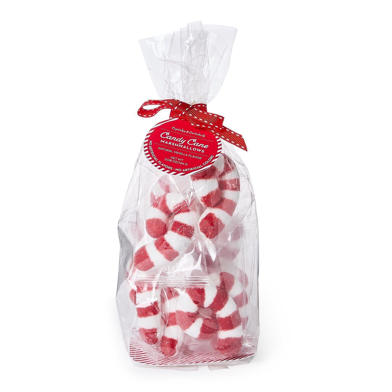 Clear bag of red and white candy canes marshmallows with a red label on a white background