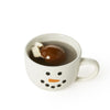 Snowman-themed mug with a hot beverage and marshmallows on a white background