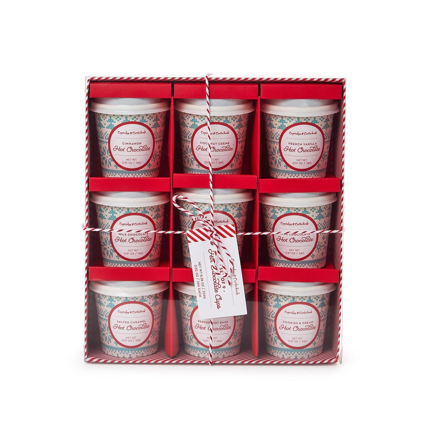 Set of nine hot chocolate cups in a decorative box with a tag.