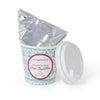 Cup of hot chocolate with peppermint bark flavor packaging on a white background