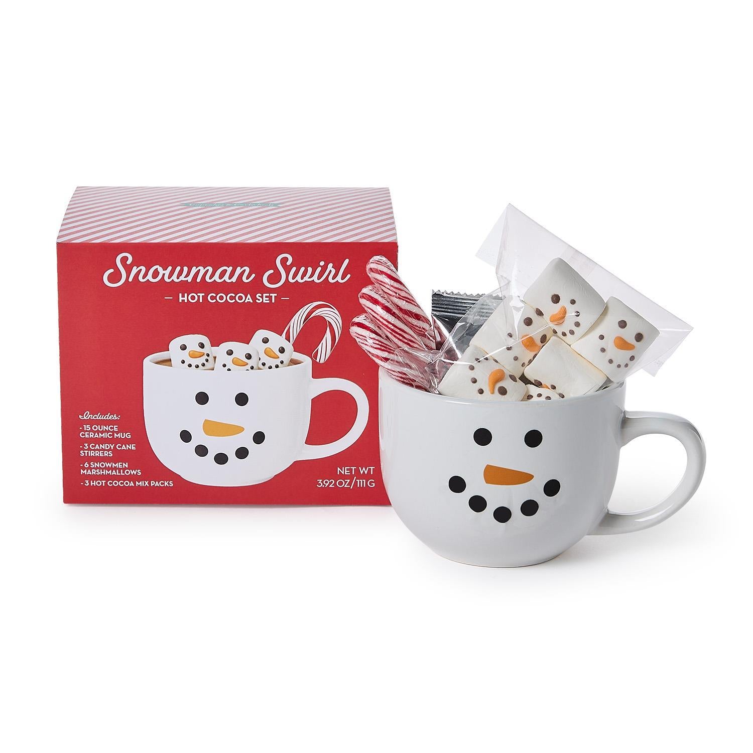 Snowman-themed hot cocoa set with mug, marshmallows, and candy canes on a white background