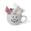 Snowman-themed mug with candy canes and marshmallows on a white background