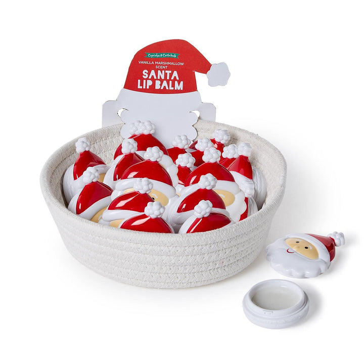 Santa-themed lip balm with a basket on a white background