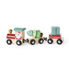 Wooden toy train with colorful cars on a white background
