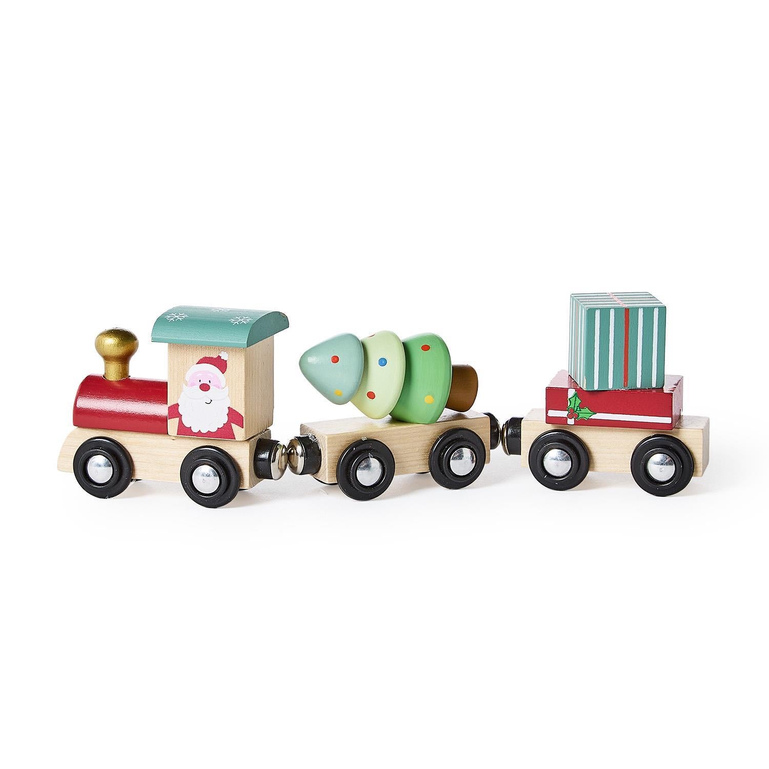 Wooden toy train with colorful cars on a white background