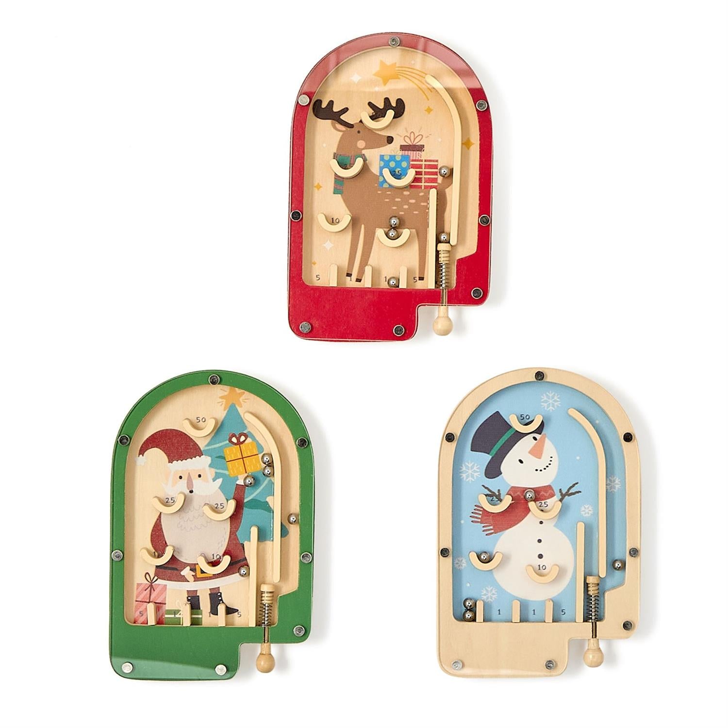 Three wooden games featuring a reindeer, Santa Claus, and snowman on a white background.