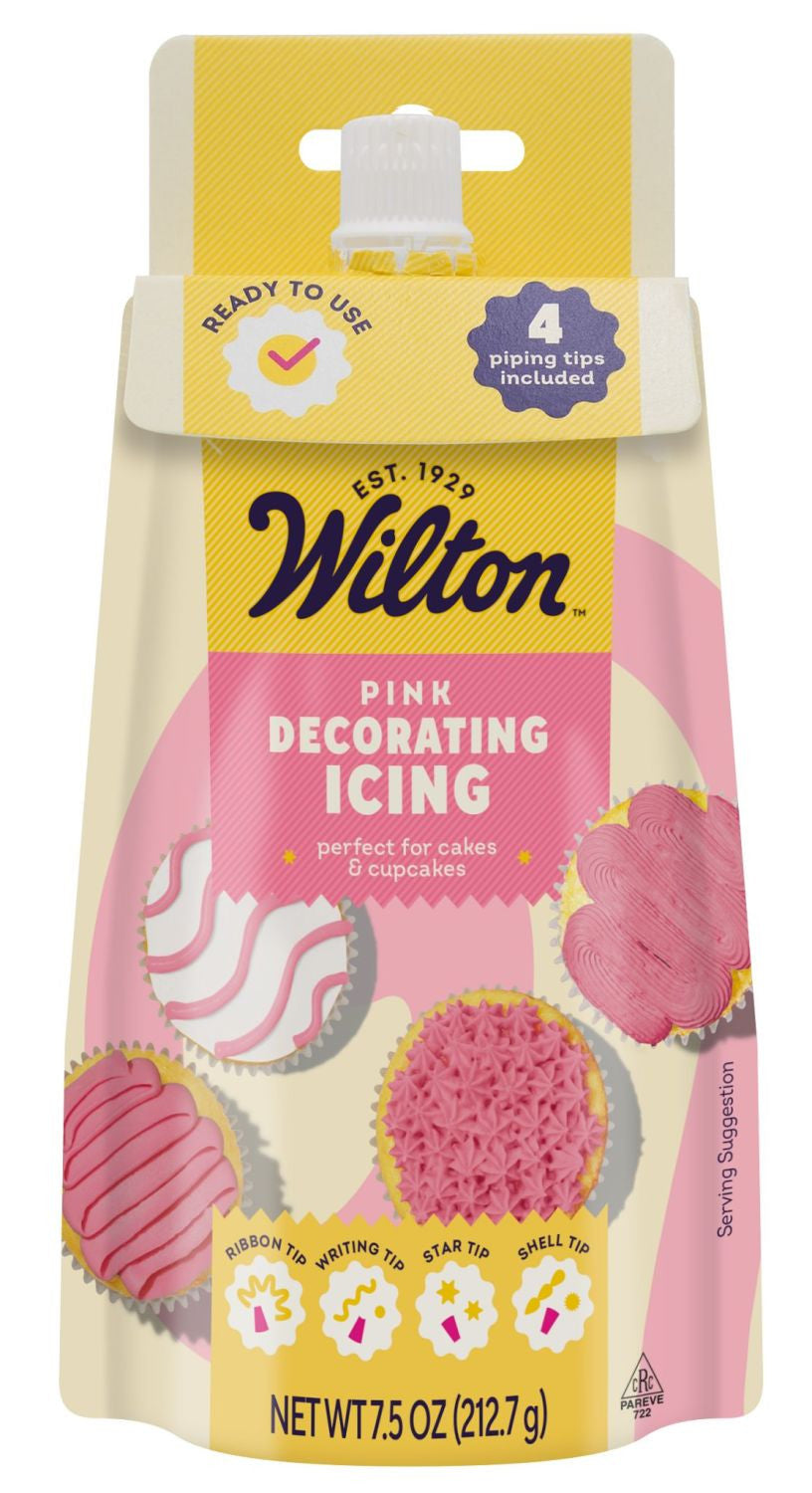 Wilton pink decorating icing package on a white background