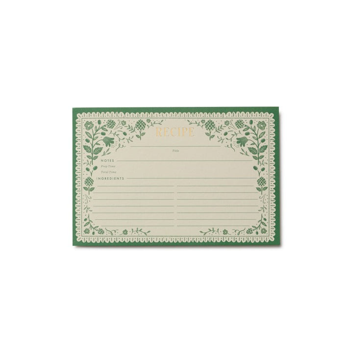 Recipe card with green floral border on a white background