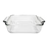 Clear glass rectangular baking dish on a white background