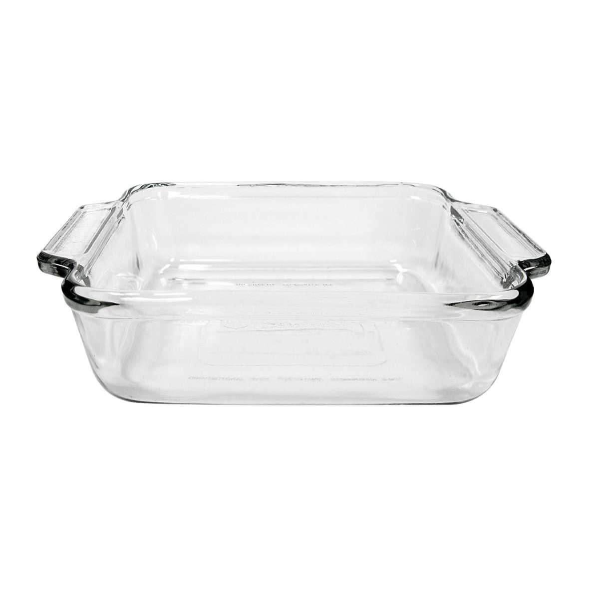 Clear glass rectangular baking dish on a white background