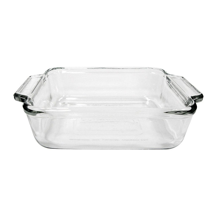 Clear glass rectangular baking dish on a white background