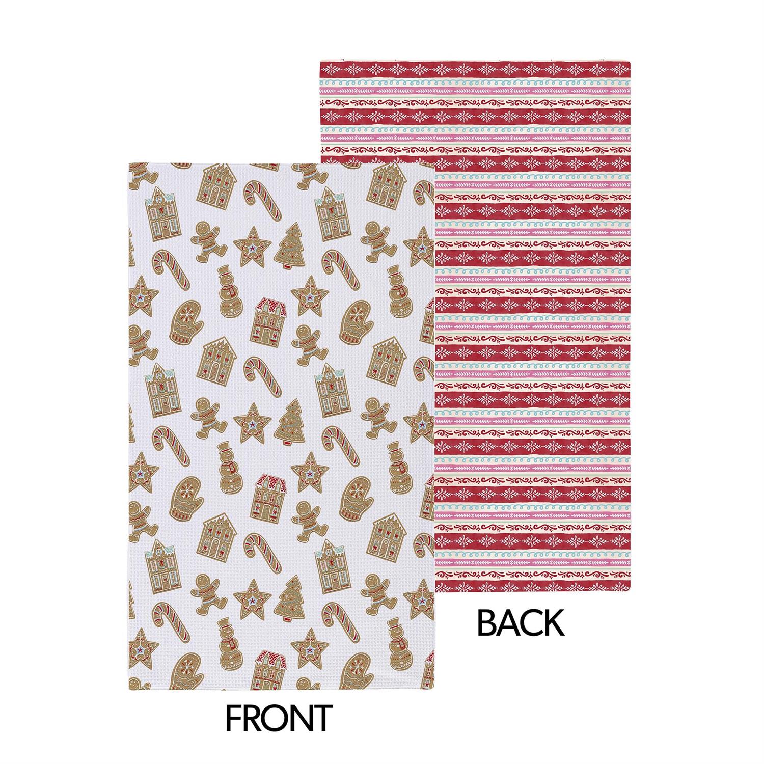 Kitchen towel with Christmas-themed designs front and back on a white background