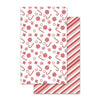 Kitchen towel with red and white candy cane and stripe patterns on a white background