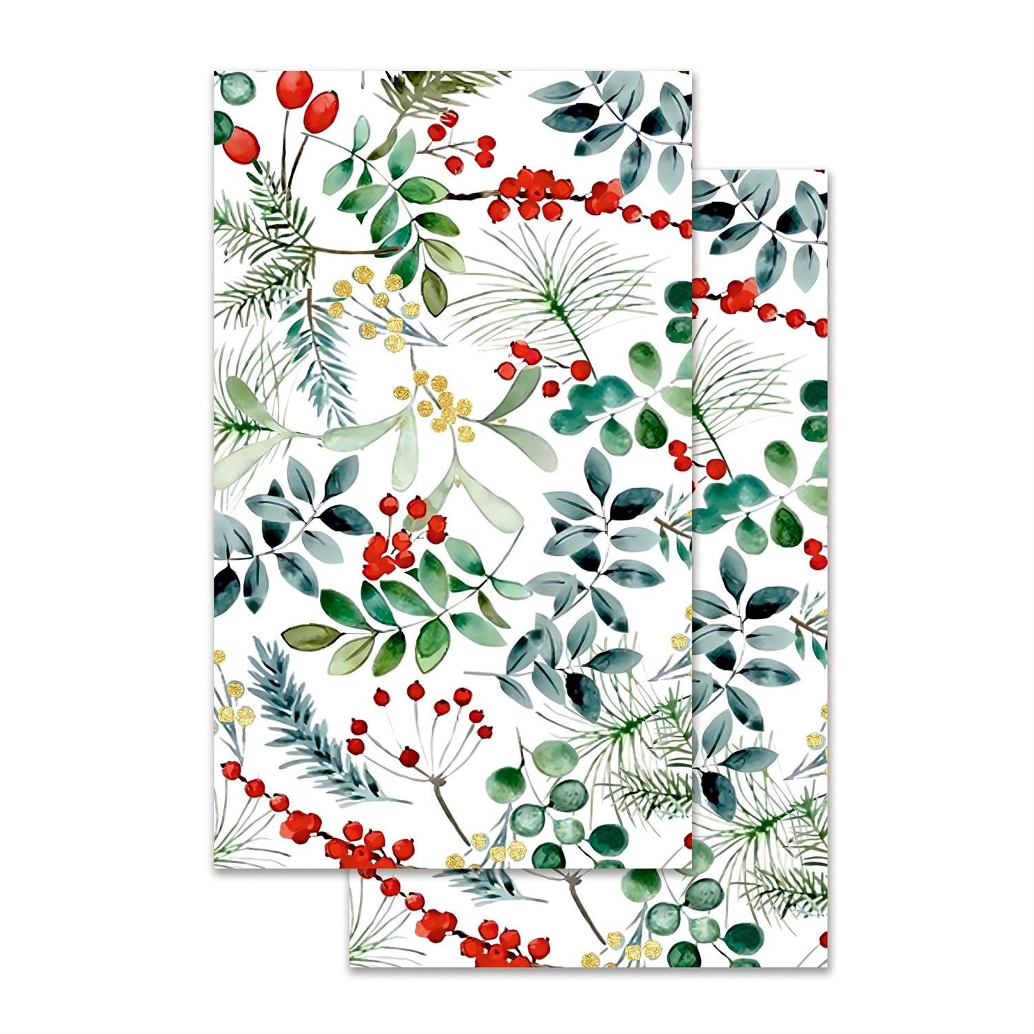 Decorative towel with a festive leaf and berry pattern on each side on a white background