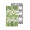 Two kitchen towels with floral and geometric patterns on a white background