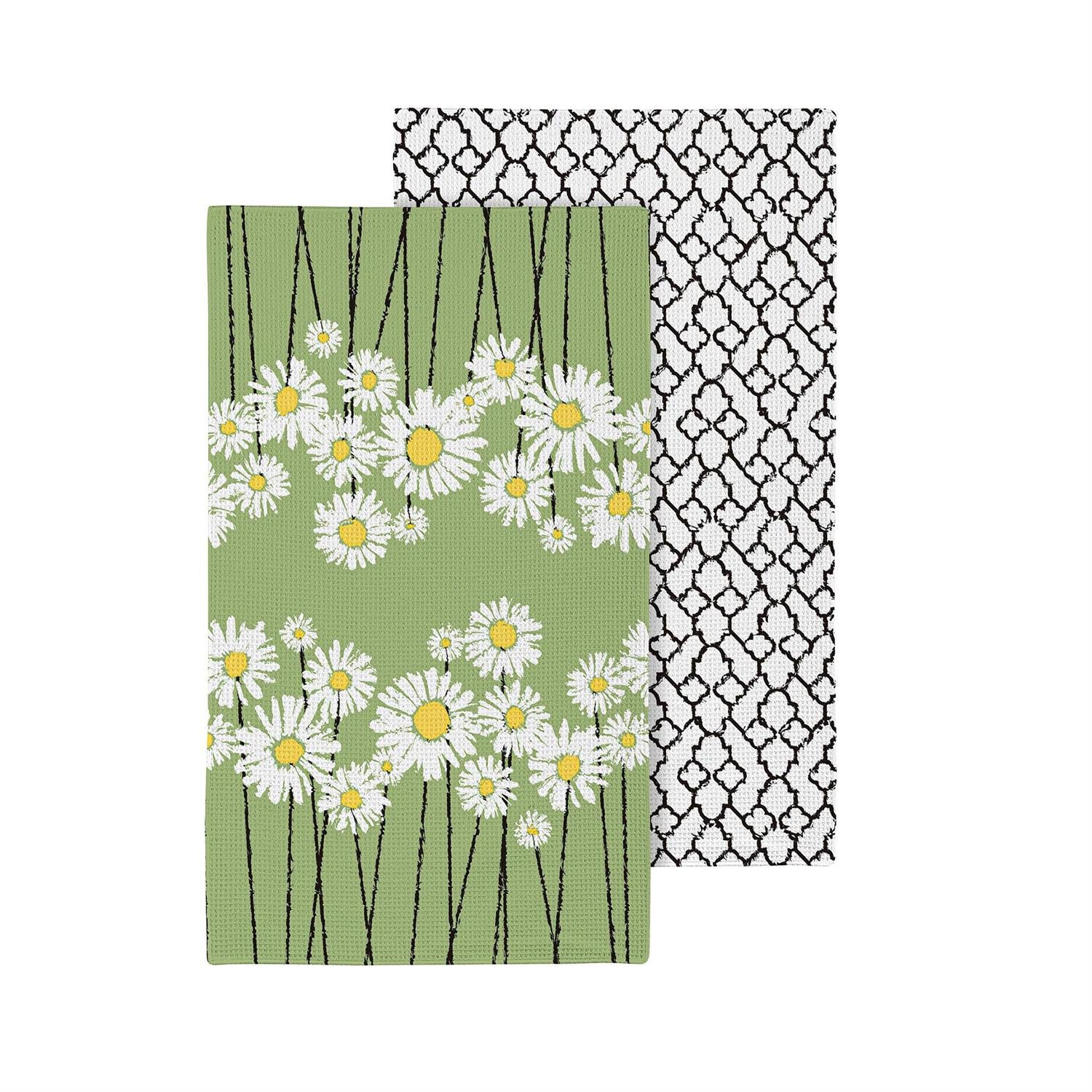 Two kitchen towels with floral and geometric patterns on a white background