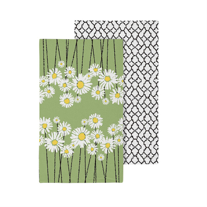 Two kitchen towels with floral and geometric patterns on a white background
