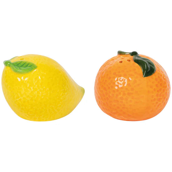 Salt and pepper shakers shaped like a lemon and an orange on a white background