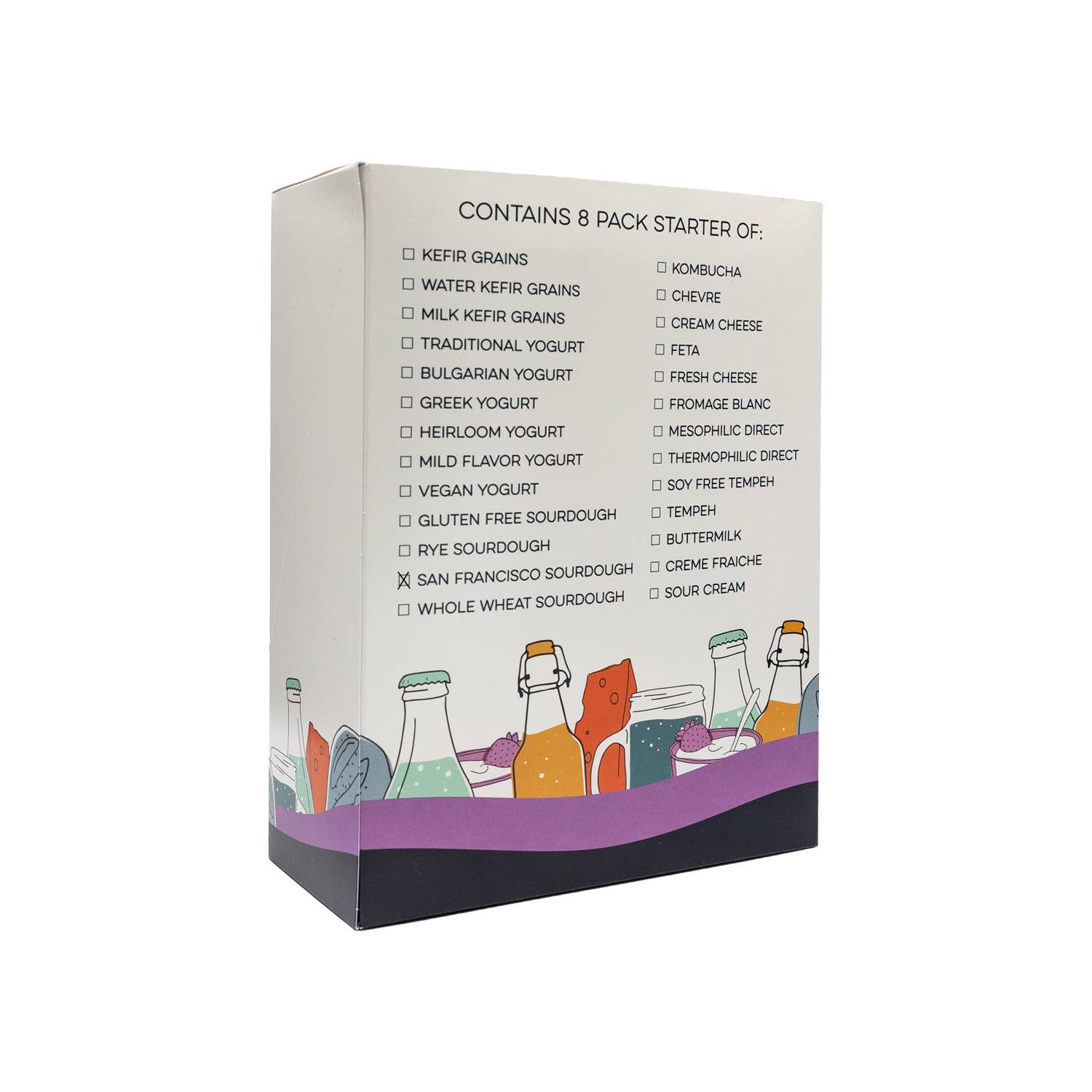 Box with list of contents on a white background