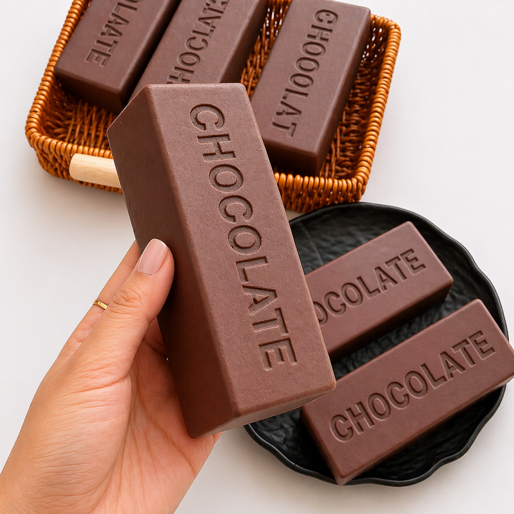 Hand holding a chocolate squishy bar with 'CHOCOLATE' text, surrounded by more chocolate bars in a basket and on a plate.