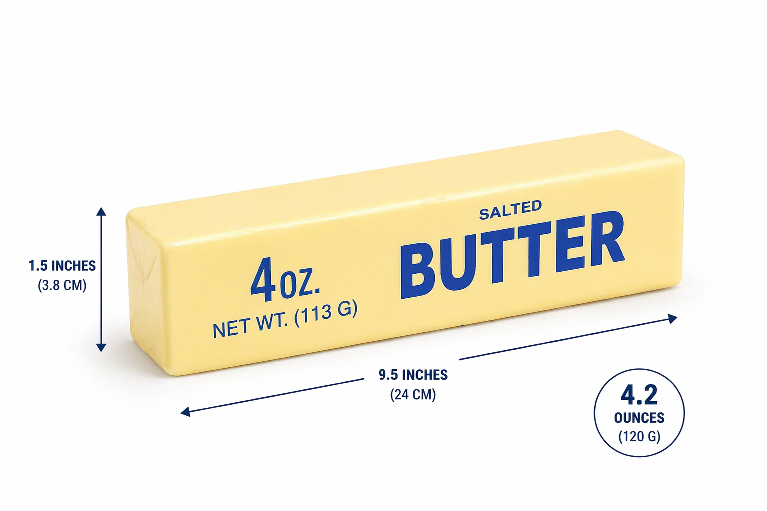 Salted butter squishy toy with measurements and weight details on a white background