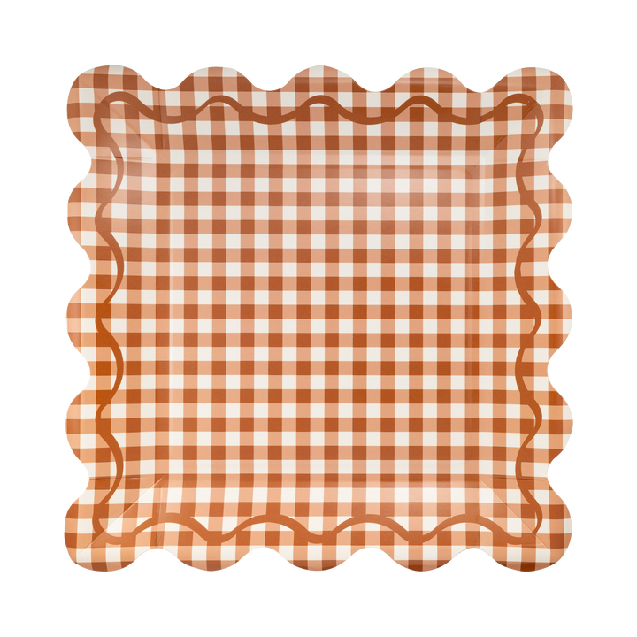 Rust Gingham Scalloped Square Paper Plates