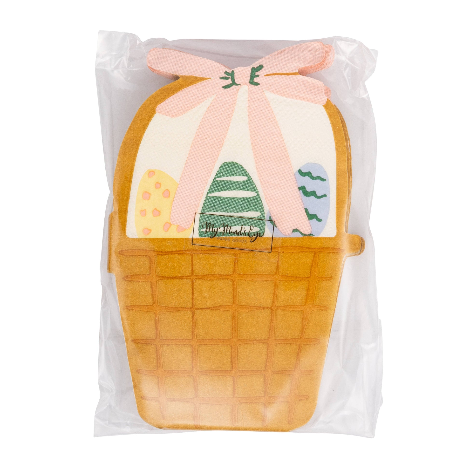 Packaged basket shaped paper napkin with Easter eggs and a bow on a white background