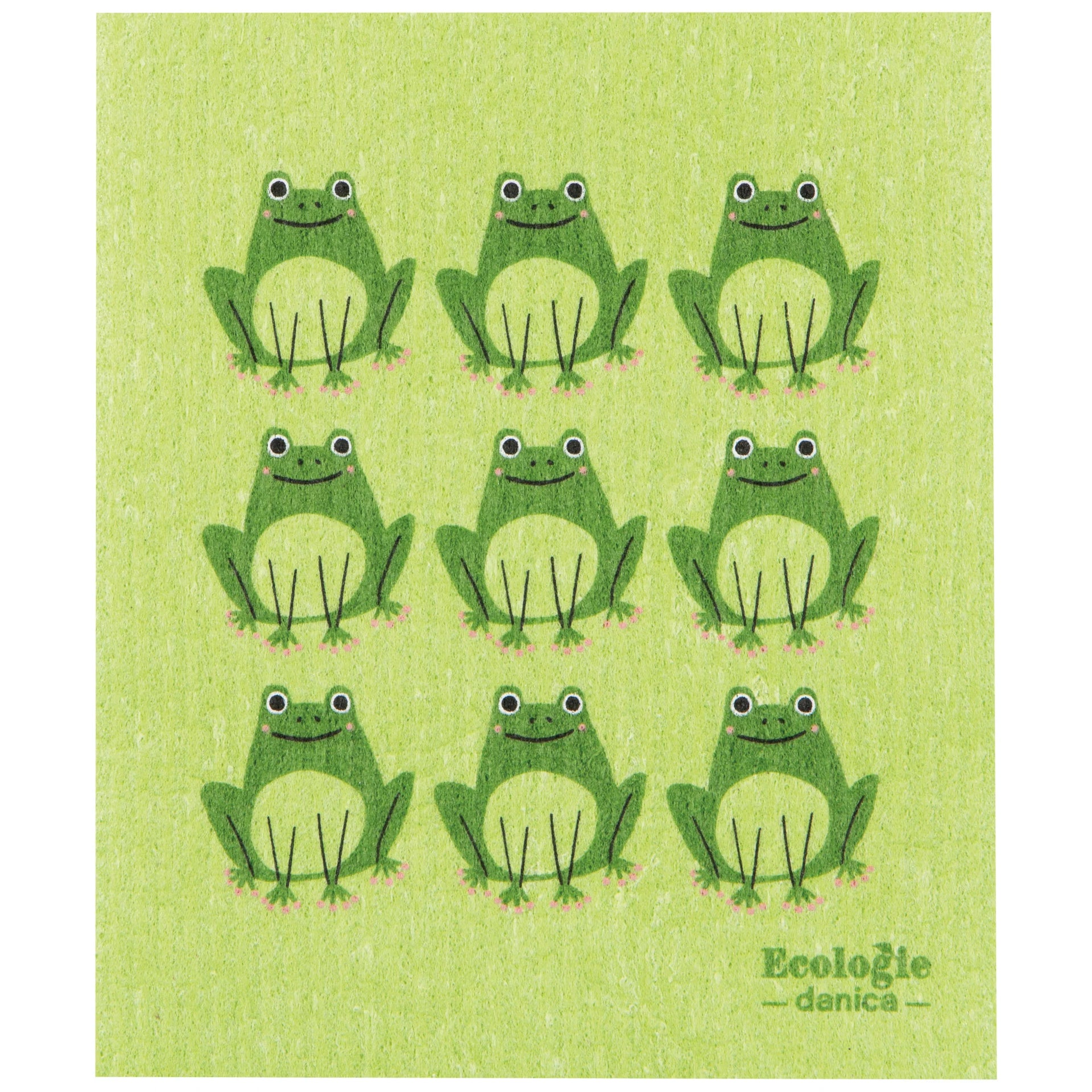 Green dishcloth with frogs and 'Ecologie danica' branding