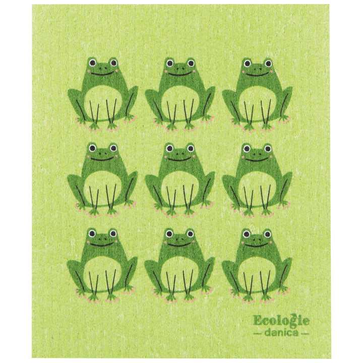 Green dishcloth with frogs and 'Ecologie danica' branding