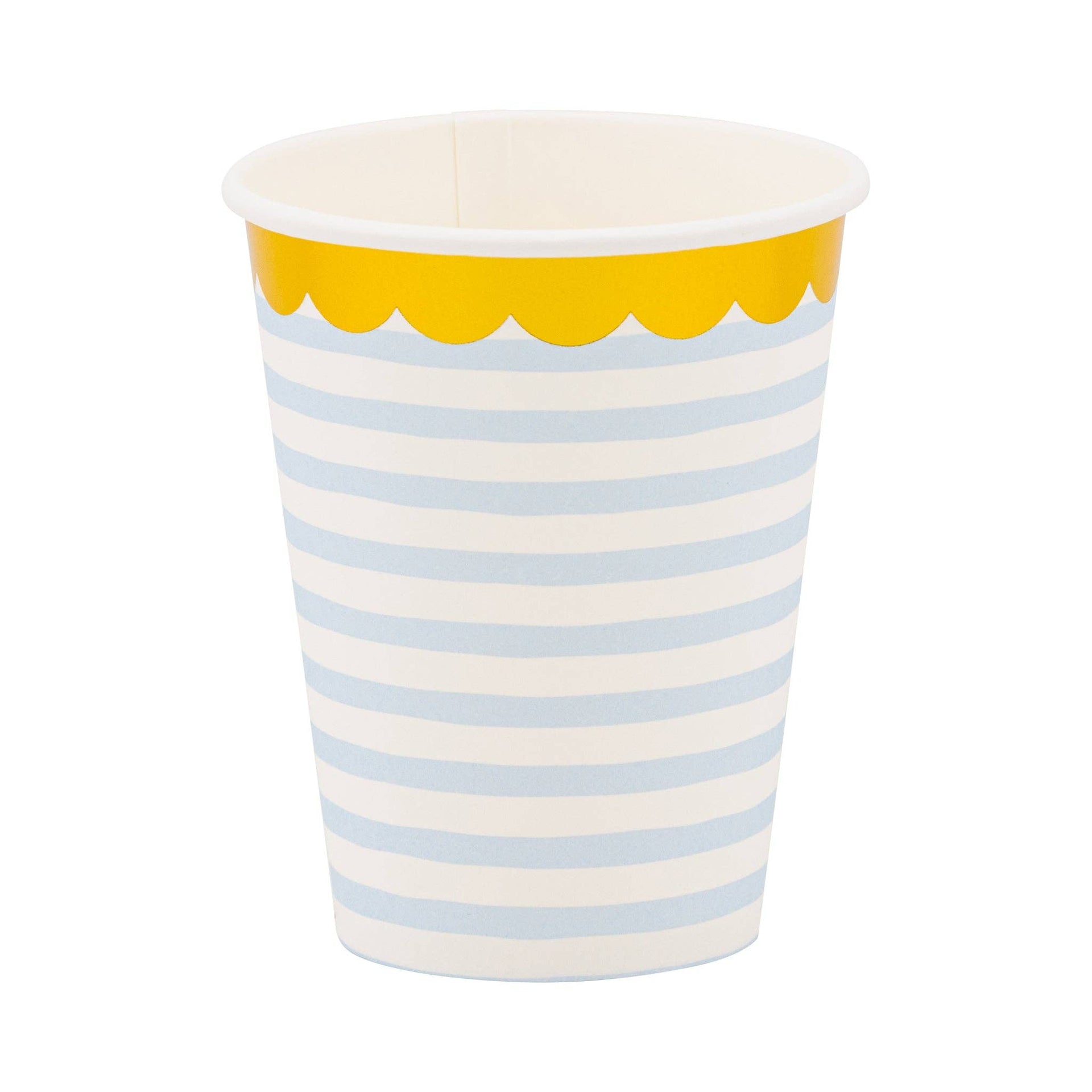 Paper cup with blue and white striped design and gold foil scalloped rim on a white background