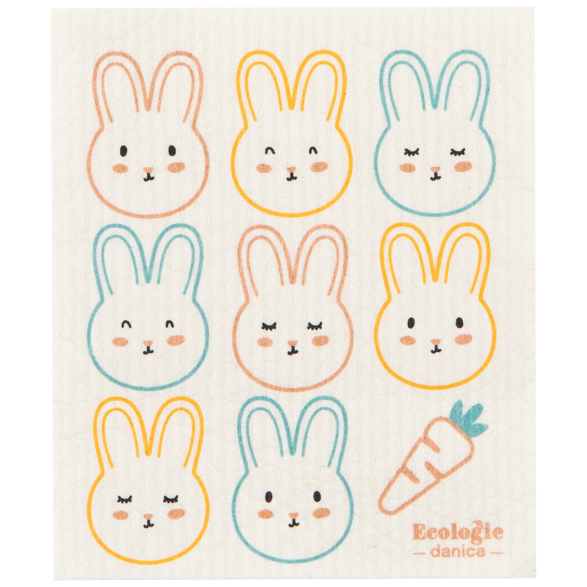 Dishcloth with colorful bunny faces and a carrot, branded 'EcoLOGIE danica'.