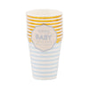 Set of striped paper cups with a 'Baby' label on a white background