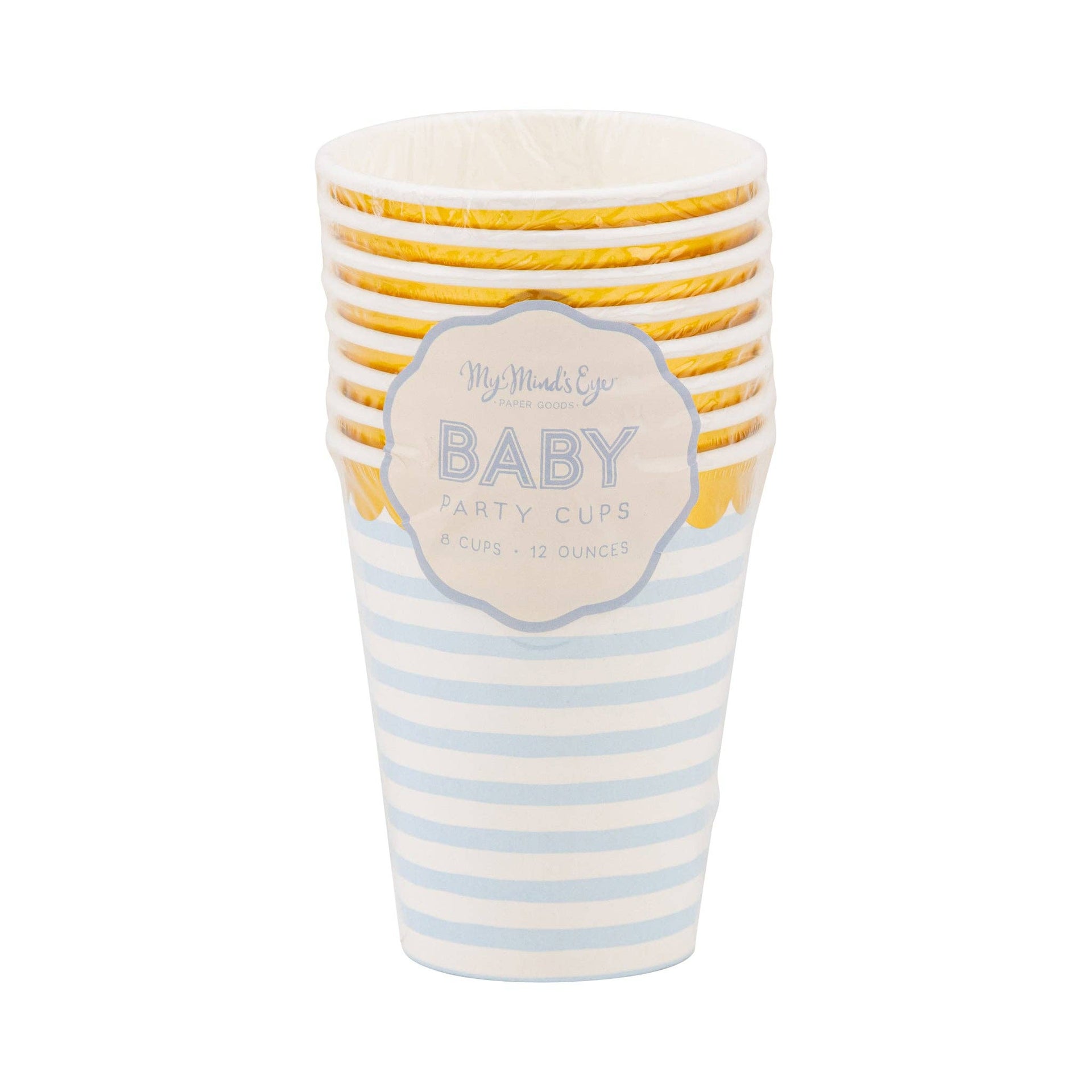 Set of striped paper cups with a 'Baby' label on a white background