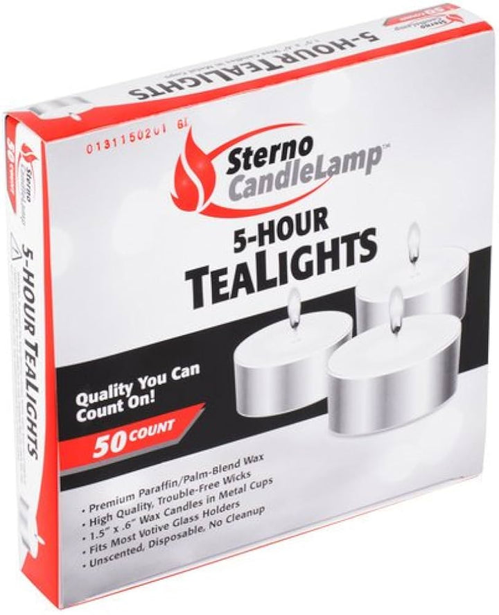 Box of Sterno 5-Hour Tealights with branding and product details.