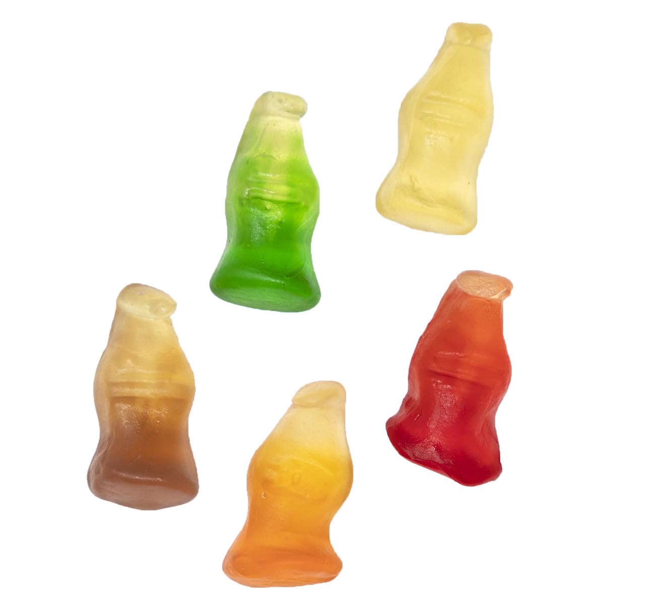 Five colorful gummy candy bottles on a white background