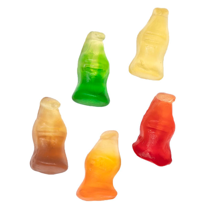 Five colorful gummy candy bottles on a white background