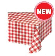 Red and white checkered tablecloth with a 'NEW' label on a white background