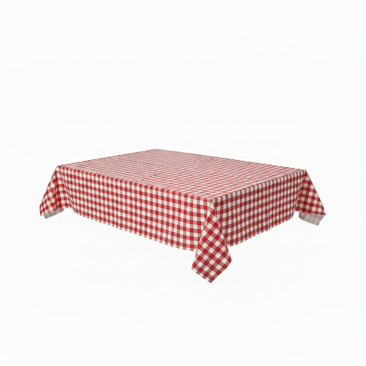 Red and white checkered tablecloth with a 'NEW' label on a white background