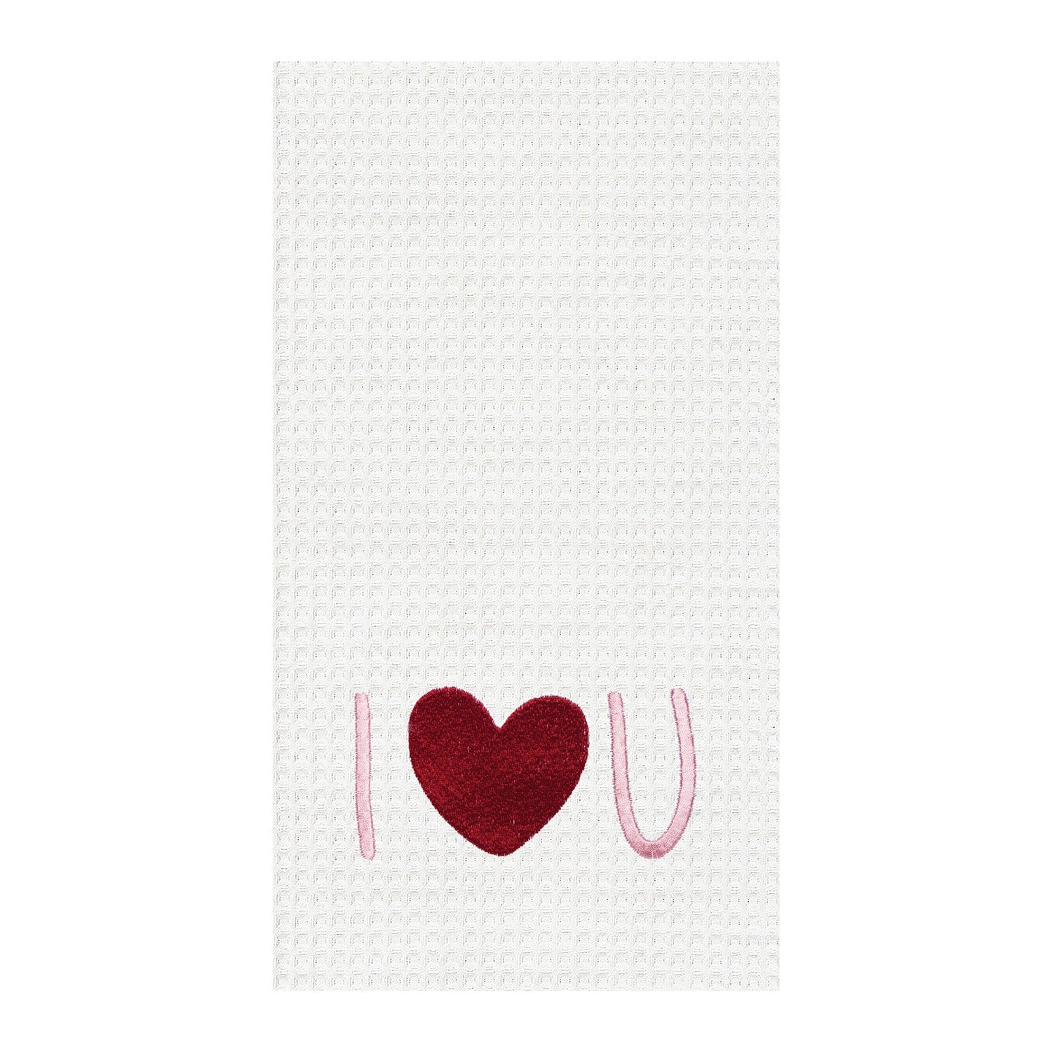 White waffle weave kitchen towel with 'I ❤️ U' message in pink and red on a white background.