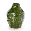 Green ceramic vase with floral patterns on a white background