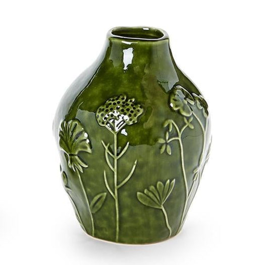 Green ceramic vase with floral patterns on a white background