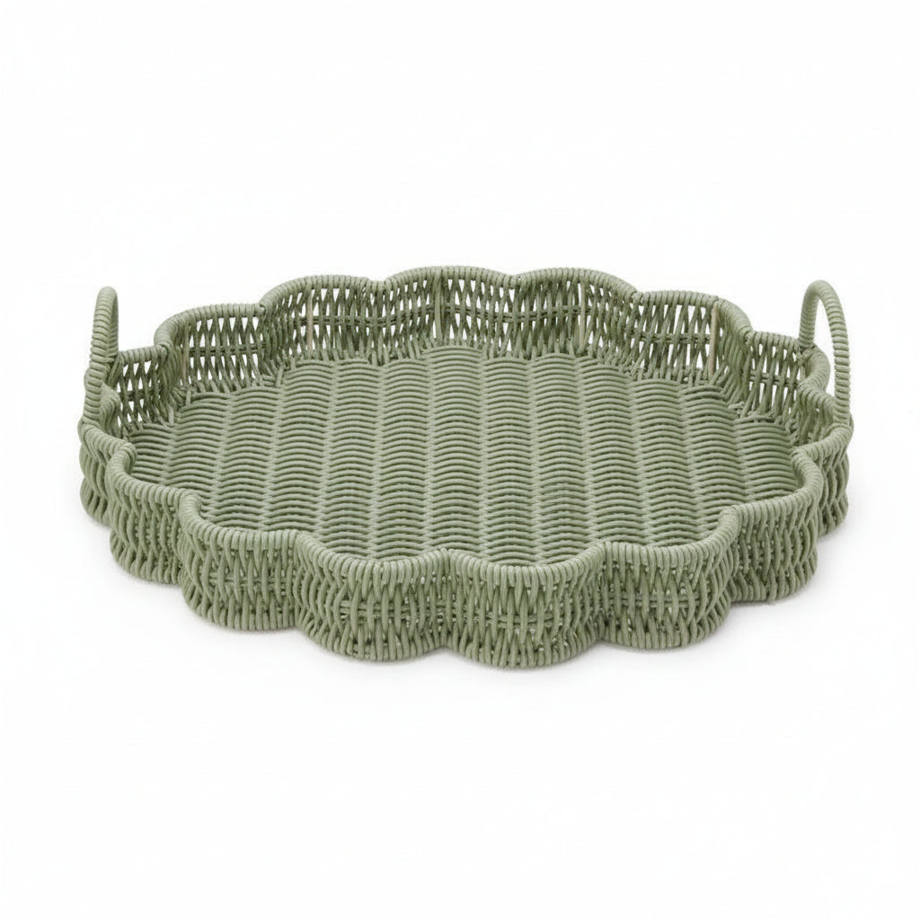 Green Wicker Scalloped Edge Round Tray