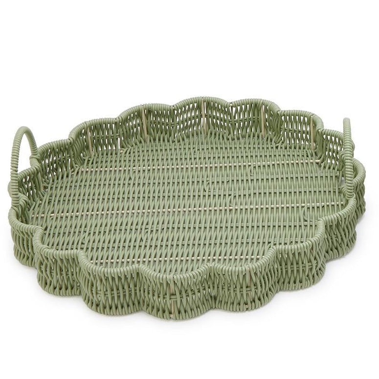 Green Wicker Scalloped Edge Round Tray