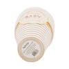 Stack of white paper cups with gold text on a white background
