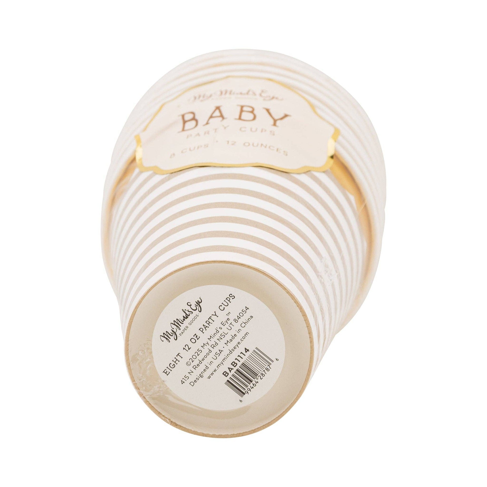 Stack of white paper cups with gold text on a white background